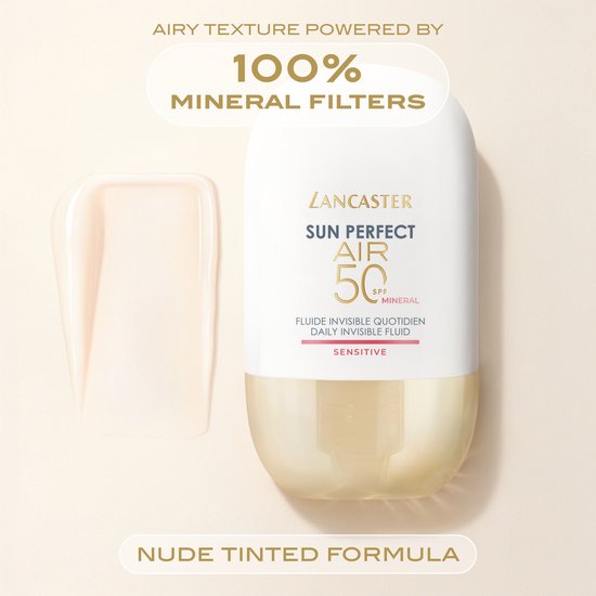 Witte en gouden Lancaster Sun Perfect AIR SPF50 fles met een druppel crème ernaast.