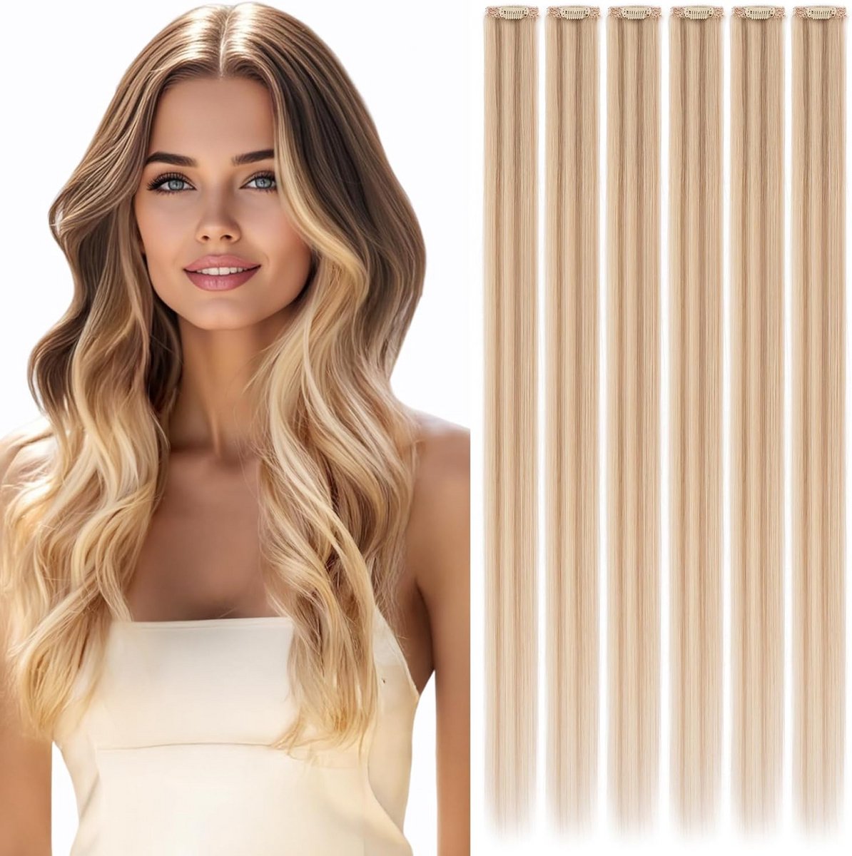 Clip-in Haarextensions Echt Haar Blond Balayage Steil 25 cm Set van 6 Strengen