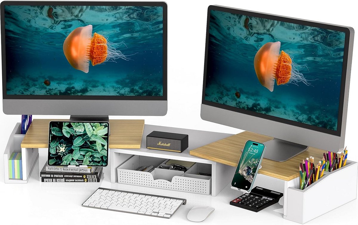 Verhoogde Dubbele Monitorstandaard met Opberglade - Eiken Look