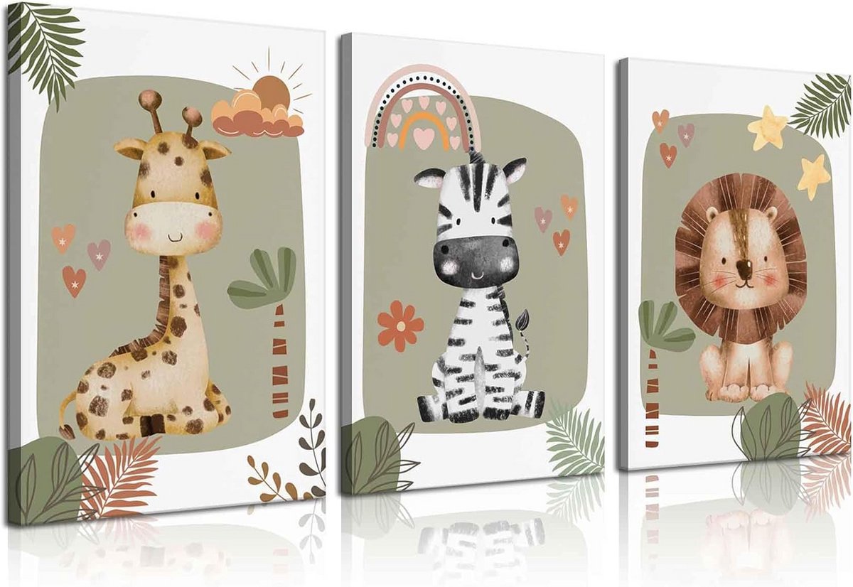 3x Ingelijste Canvas Wanddecoratie Kinderkamer: Boho Dieren Safari (Jungle Thema)