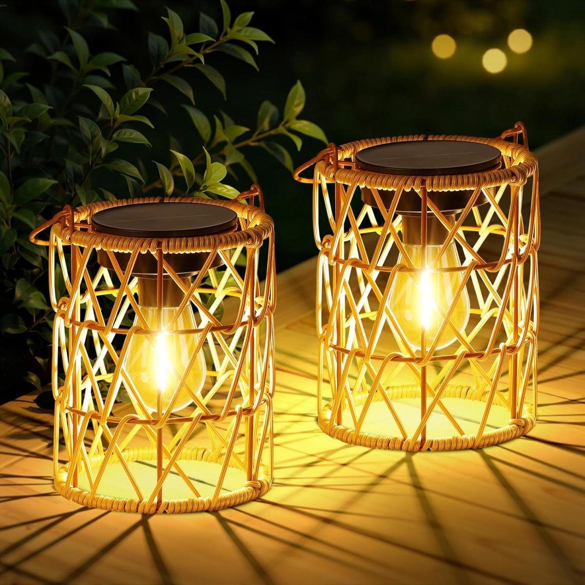GELLDG Solarlamp - Hangende solarlamp voor buiten - Handgeweven solarlantaarn - Voorzien van een heldere LED-lamp - Waterdichte solarlantaarn in Boheemse stijl - Balkondecoratie - Geschikt voor buitentafels, balkons en kerstdecoratie - 2 stuks