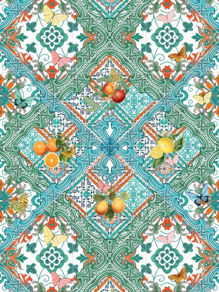 IXXI Mediterranean tiles and citrus fruit teal I, Bloomery Decor - 60 x 80 cm - Gratis ophangtool - Grote wanddecoratie en posters - Ornamenteel