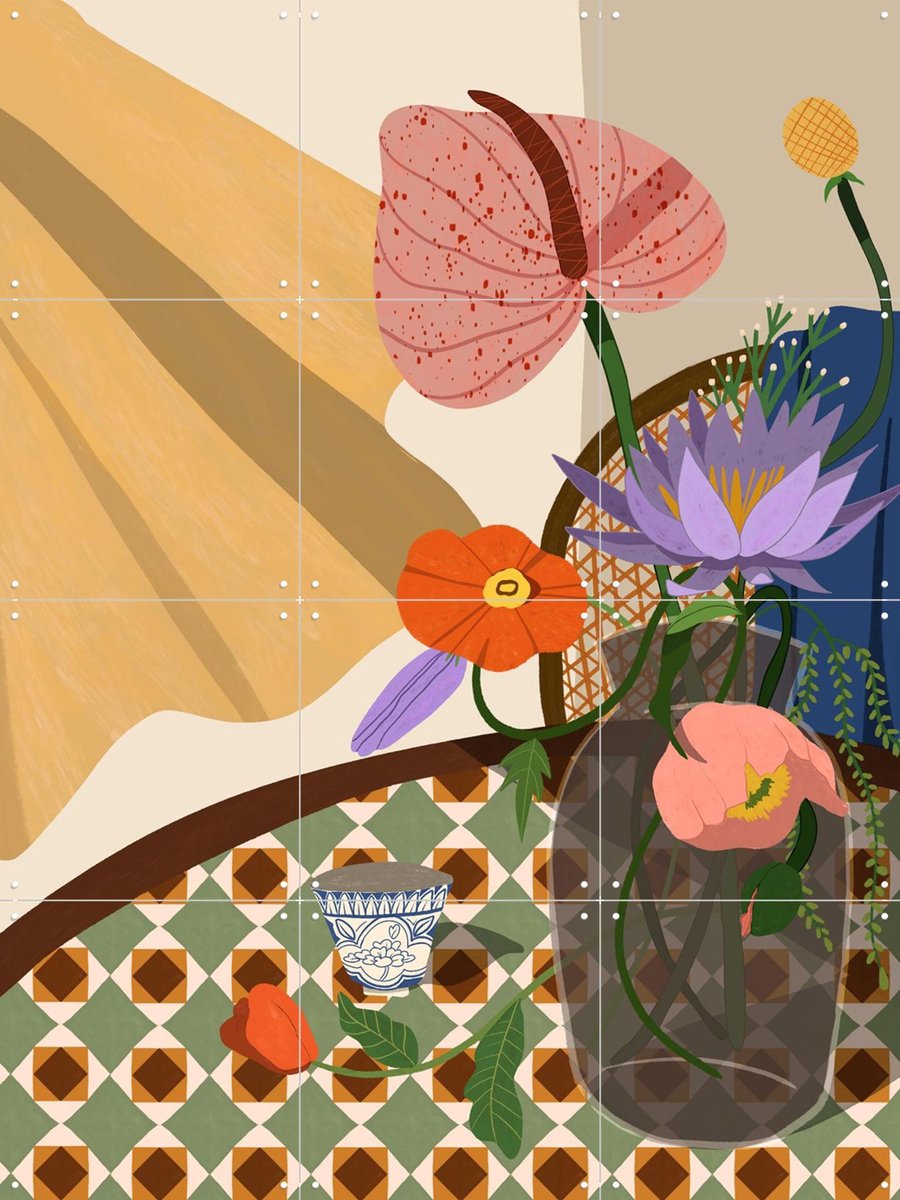 IXXI Flower Arrangement, Arty Guava - 60 x 80 cm - Gratis ophangtool - Grote wanddecoratie en posters - Illustraties, Kleurrijk, Vintage, Bloemen