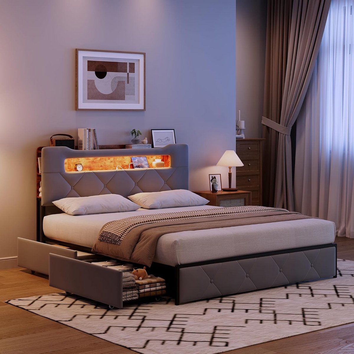 Tweepersoonsbed 160x200 cm met Opbergruimte, Lattenbodem en USB-oplader