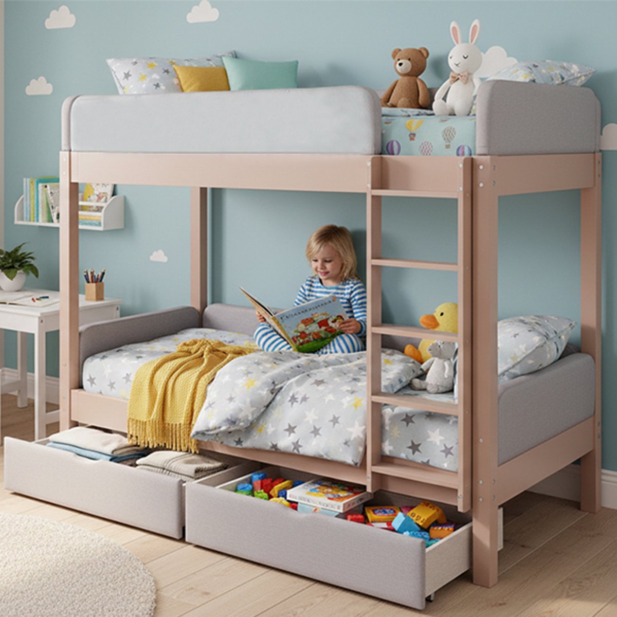 Clruro Stapelbed - 90x200 cm - Met Twee Lades - Veiligheidskant en Trap - Grenenhout - Grijs en Natuur
