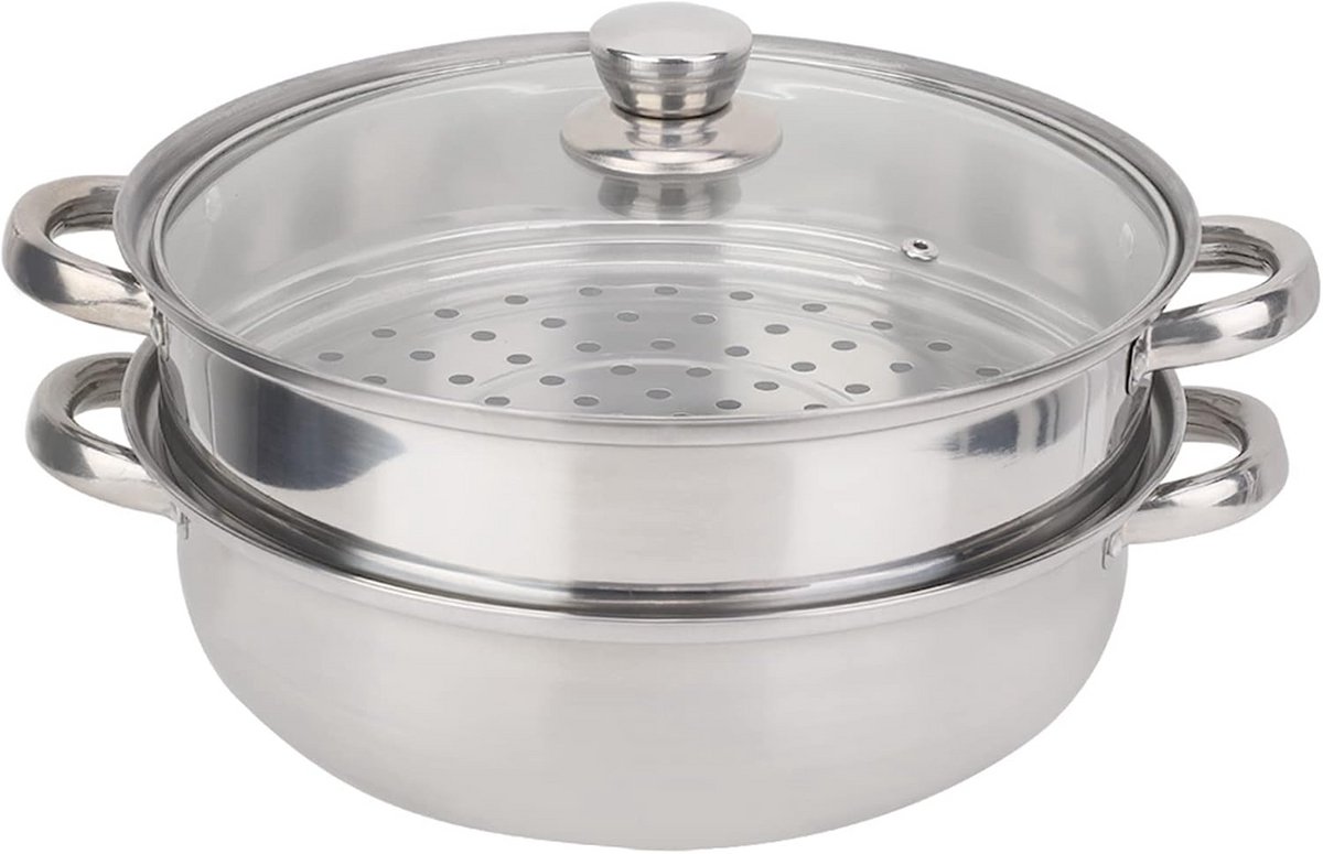 RVS Stoompan 2 Lagen 27 cm met Glazen Deksel - Gestoomde Maaltijden