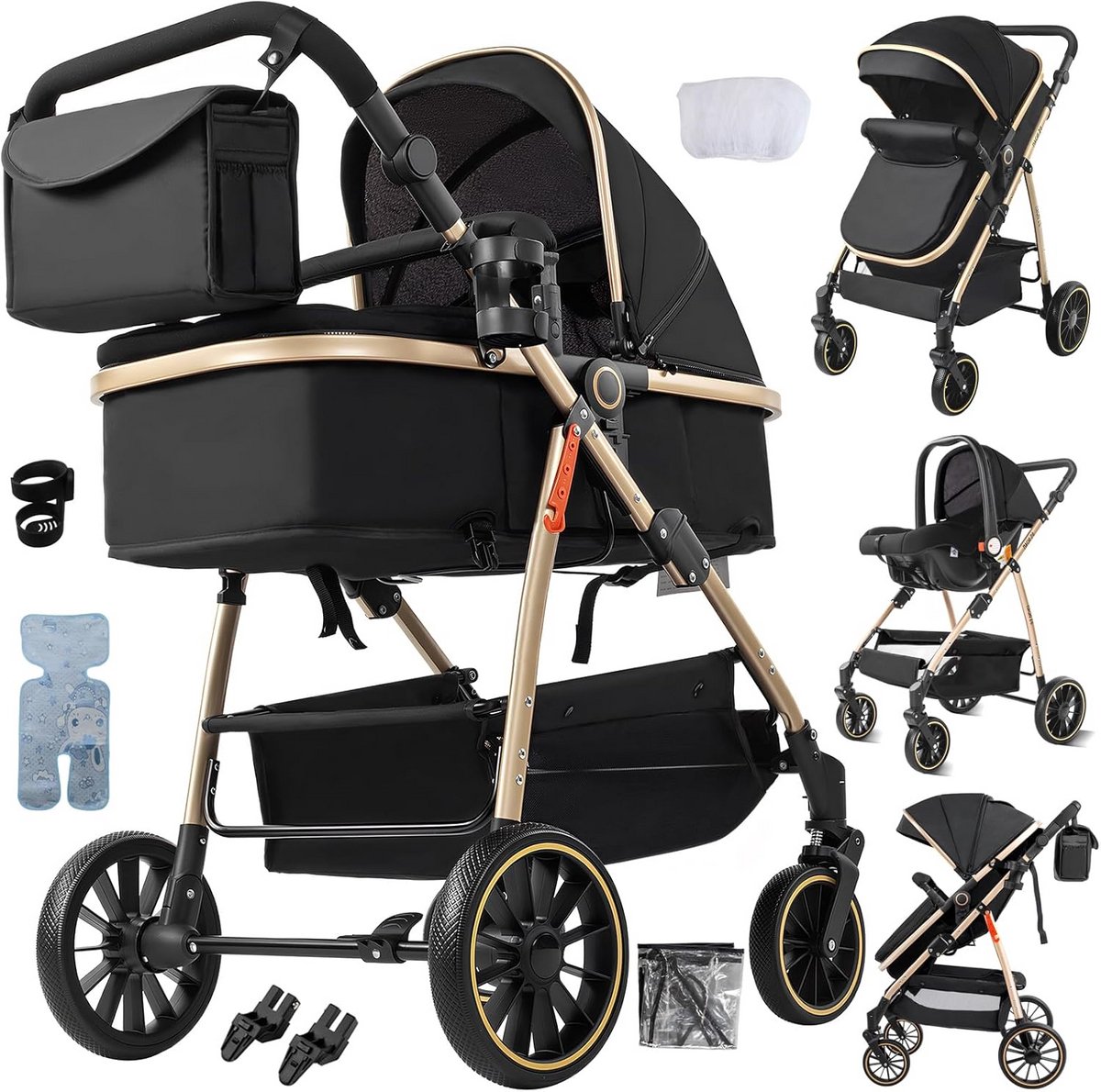 3-in-1 Kinderwagen Set met Omkeerbare Zit, Eenvoudig Opvouwbaar Trio en Lichtgewicht Aluminium Frame
