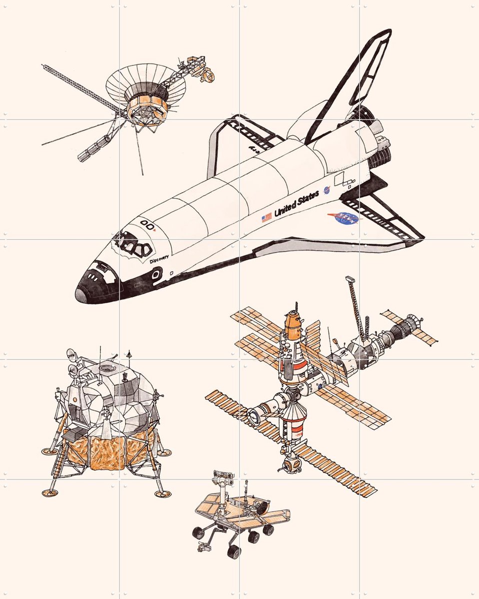 IXXI Spacecrafts, Florent Bodart - 80 x 100 cm - Gratis ophangtool - Grote wanddecoratie en posters - Line art, Illustraties, Technische Tekening
