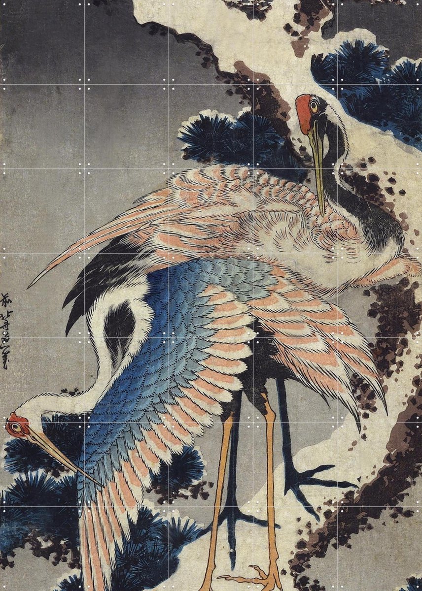 IXXI Two Cranes on a snowy Pine Branch, Katsushika Hokusai & British Museum - 100 x 140 cm - Gratis ophangtool - Grote wanddecoratie en posters -