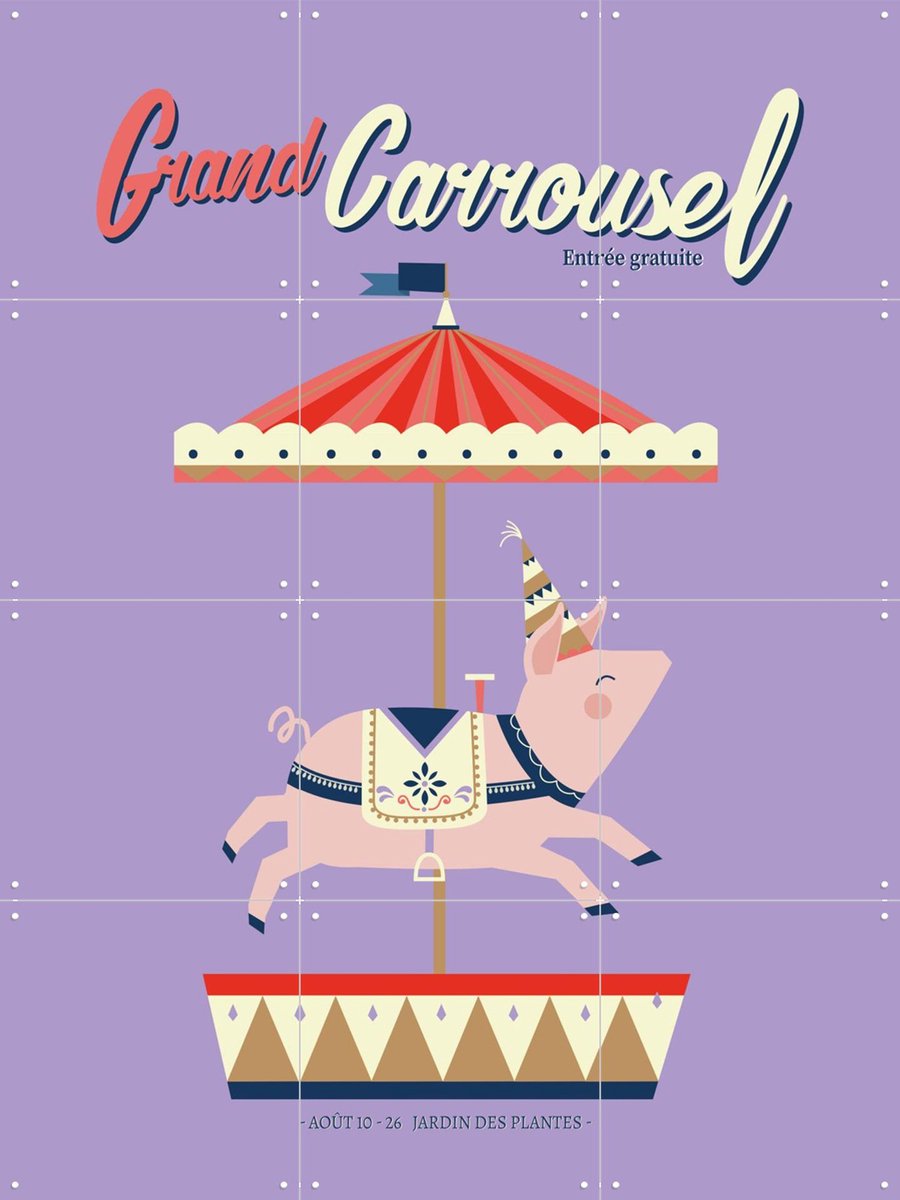 IXXI Carrousel Pig, Jetske Kox - 60 x 80 cm - Gratis ophangtool - Grote wanddecoratie en posters - Illustraties, Fantasierijk, Speels, Kleurrijk