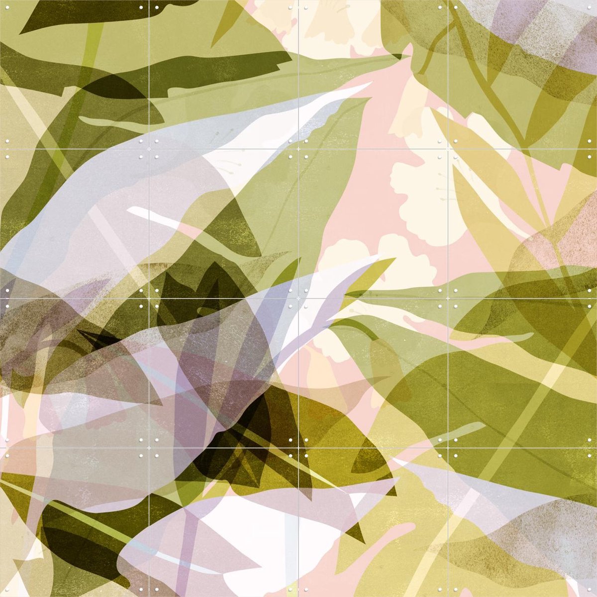 IXXI Leaves pastel, Lotte Dirks - 80 x 80 cm - Gratis ophangtool - Grote wanddecoratie en posters - Gemengde Technieken, Abstract, Kleurrijk, Aquarel