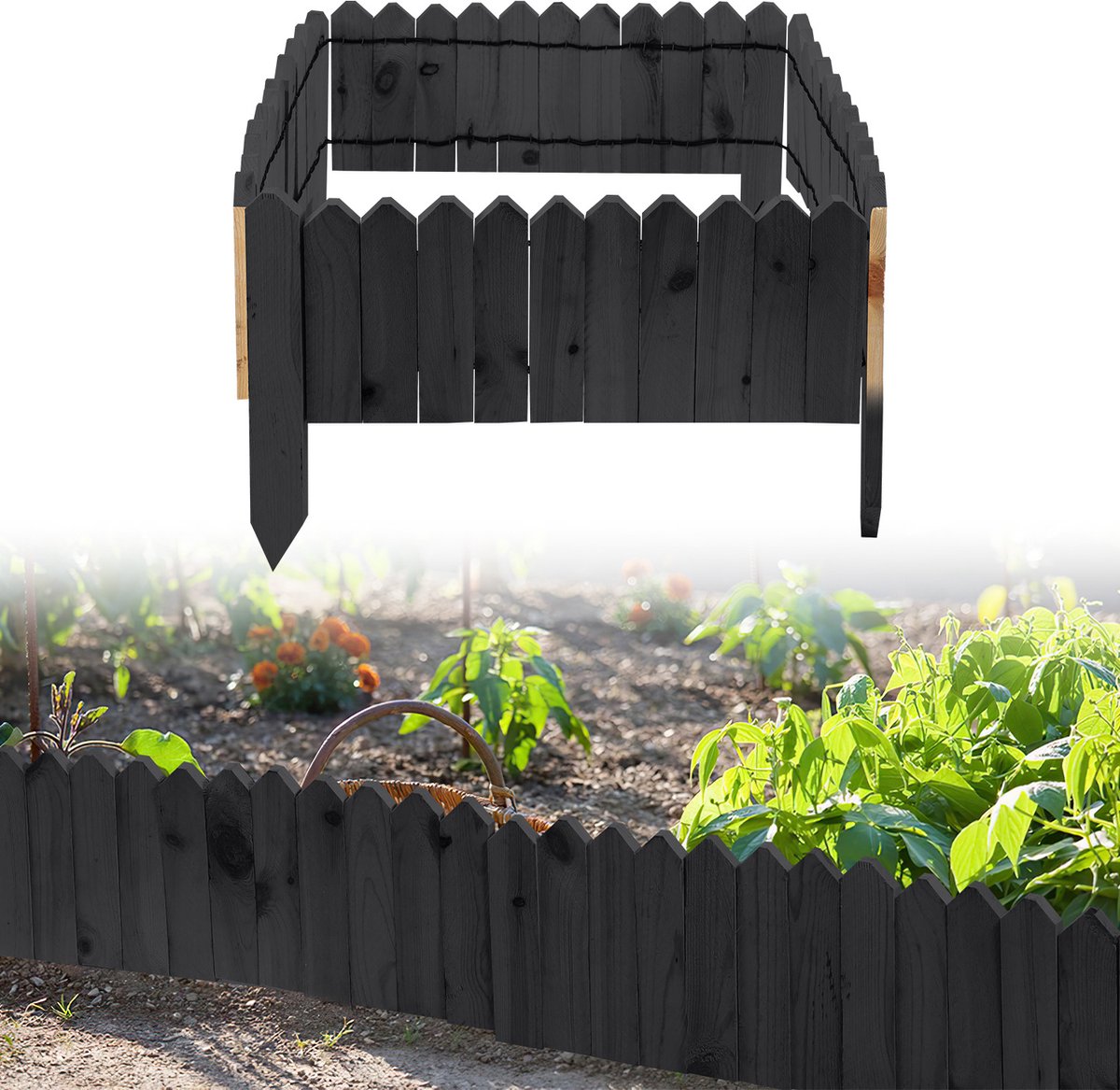 600 x 20 cm Rollborder Flexibele houten hek - Borderrand Palissade Dennenhout - Dennenhouten Tuinafscheiding Bedrand - Decoratieve Borderranden - Antraciet
