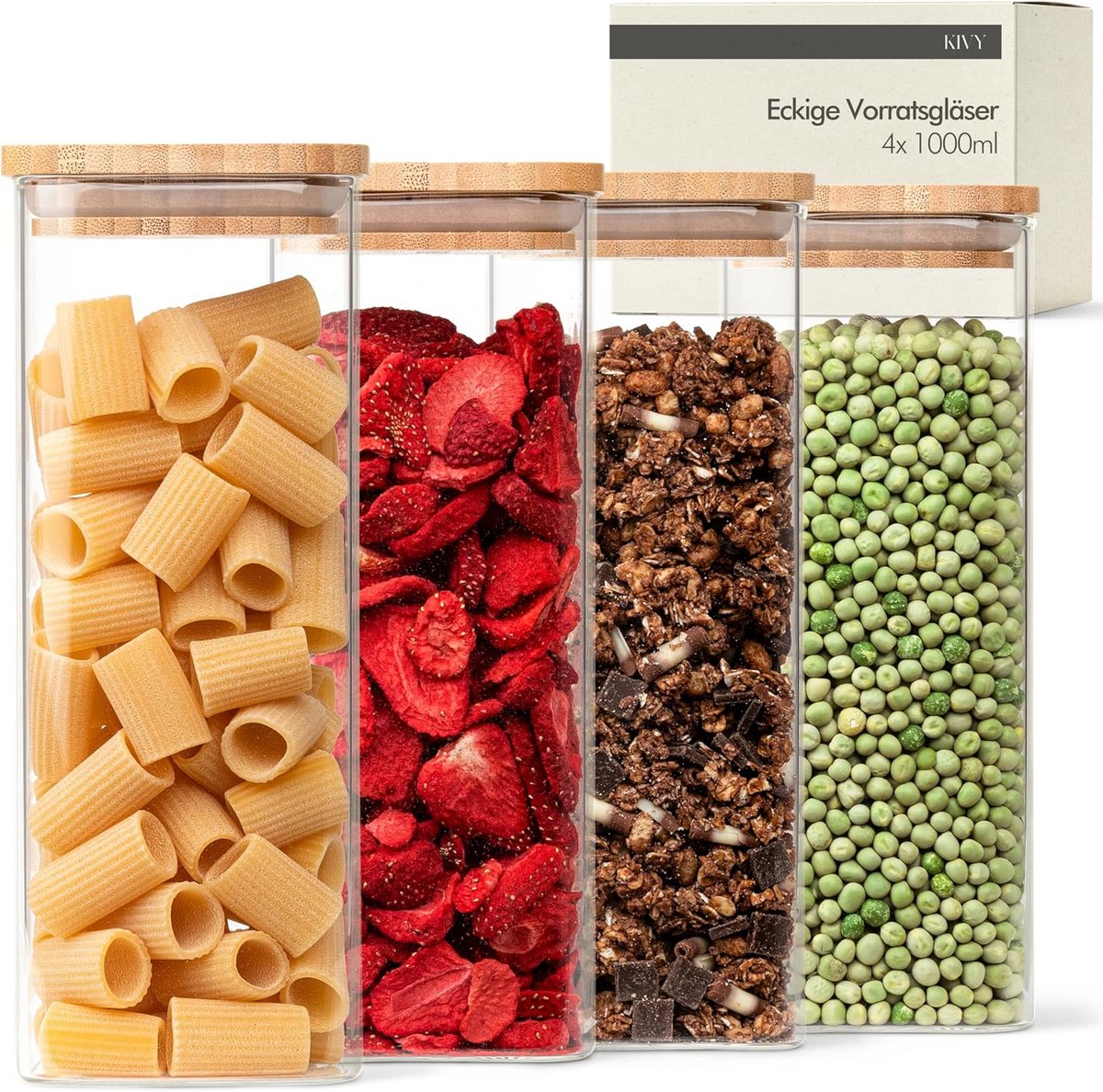 Set van 4 Vierkante Voorraadpotten met Bamboe Deksel, 1000 ml