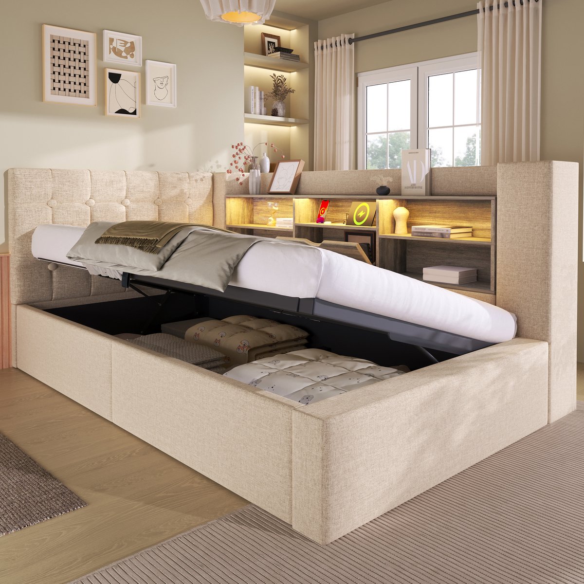 FloraGrace Gestoffeerd Bed 90x200 cm – Eenpersoonsbed Met Ledverlichting En Usb Oplaadpunten – Hydraulische Opbergruimte – Met Matras – Linnen – Beige