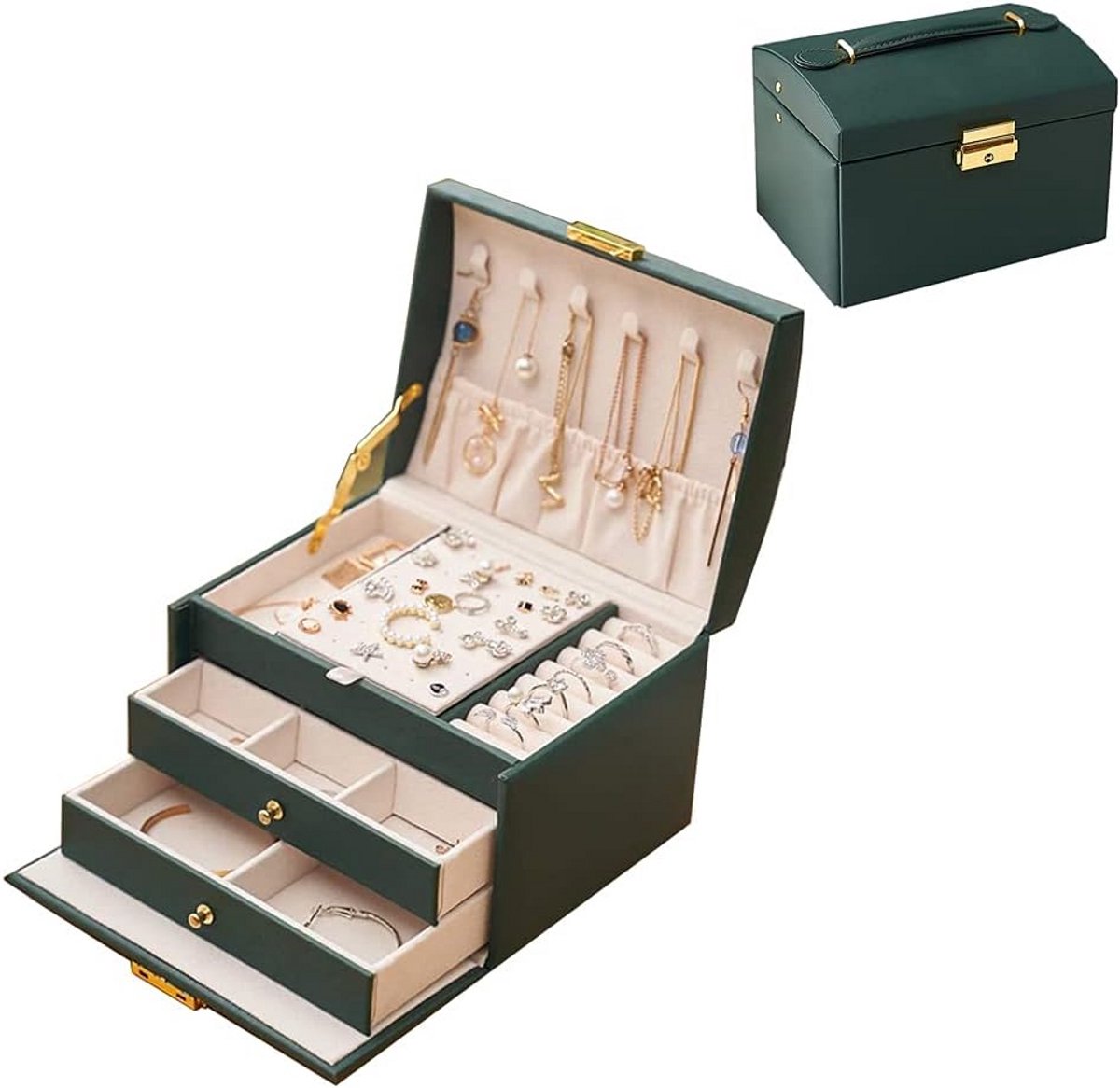 Draagbare Sieradenkoffer met Slot - 3 Lagen Organizer voor Oorbellen, Ringen en Horloges