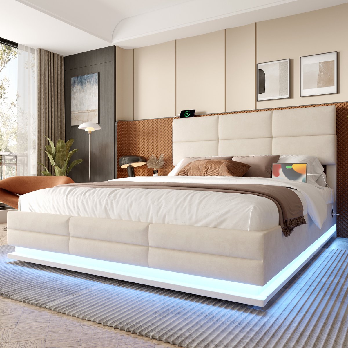 FloraGrace Gestoffeerd Bed 140x200cm – Met Usb En Type C Aansluitingen En Led Verlichting – Hydraulisch Lift Systeem – Xxl Opbergruimte – Zonder Matras – Beige