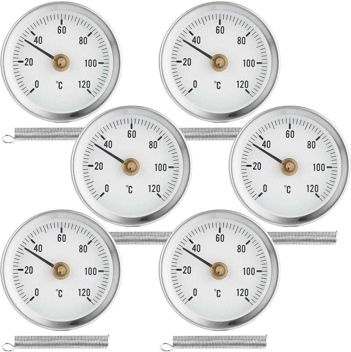 Aanlegthermometer 6 stuks - Buisthermometer Leidingthermometer - Temperatuur Meten - Roestvrij Staal - 63 mm - Zilver