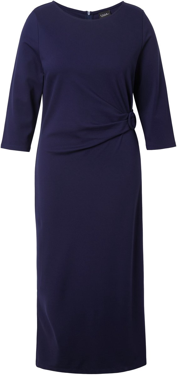 Ulla Popken Dames - Punto midi-jurk gedrapeerd boothals 3/4-mouwen - Marine - Maat 58+
