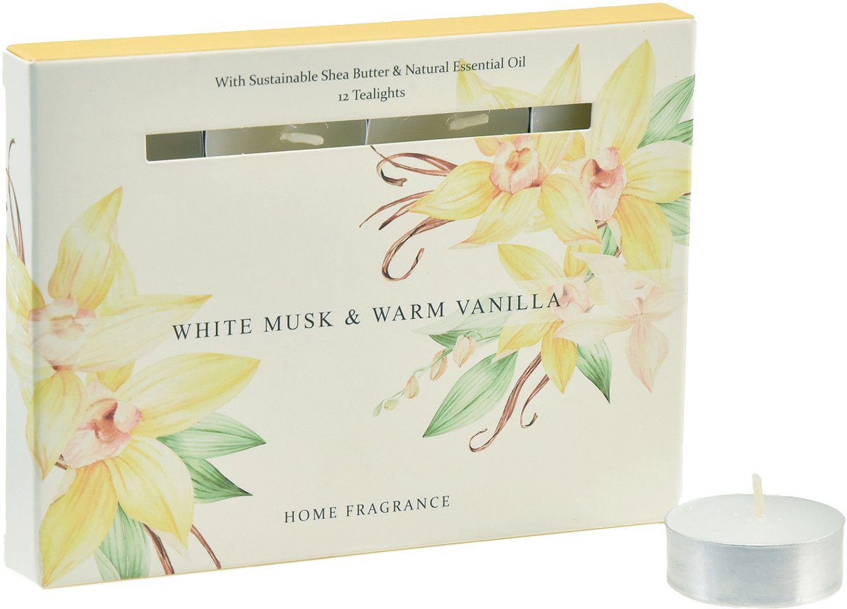 Decoris Theelichten Musk/Vanille 12-delig wit
