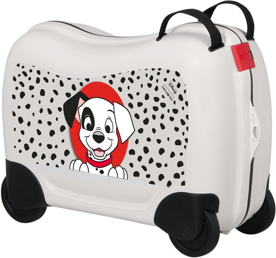 Witte kinder koffer met zwart-witte Dalmatische stippen en een afbeelding van een Dalmatische puppy.