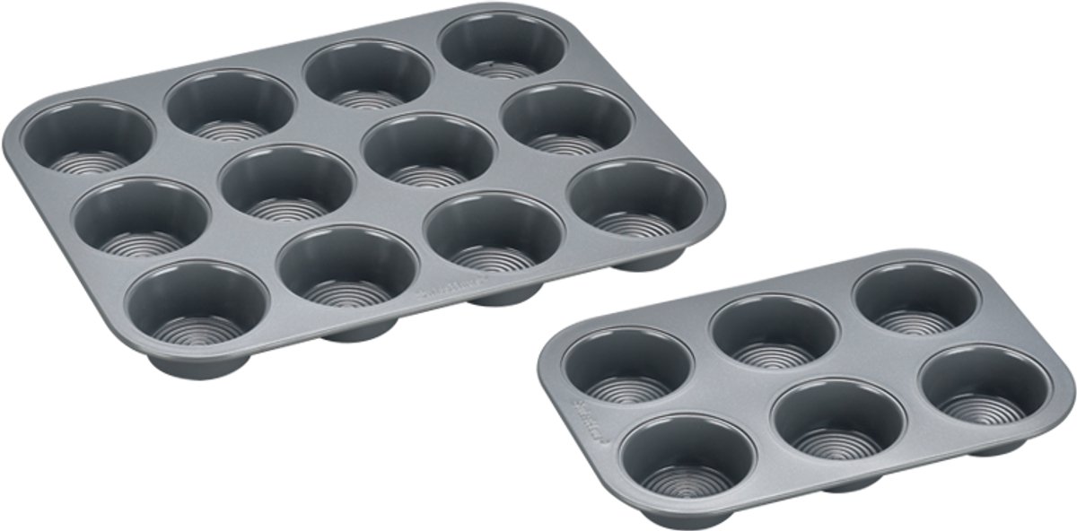 Swiss Haus® MFN12S Muffin Bakvorm Set – 2 Delige Cupcake Vormpjes Set – PFAS Vrij – Sapphire™ Keramische Antiaanbaklaag – Muffinvorm voor 6 & 12 Cupcakes – Oven- en Vaatwasserbestendig - Grijs
