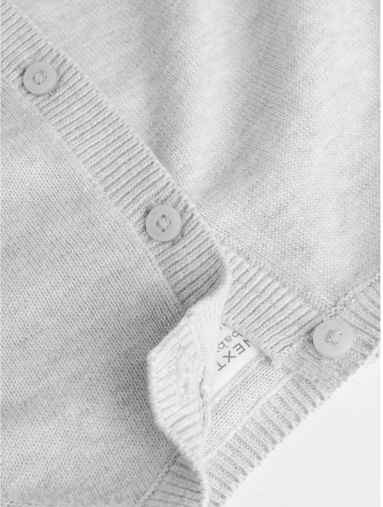 Detail van lichtgrijs babyvestje met knopen en Next baby label.