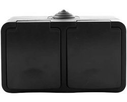 Q-LINK - Wandcontactdoos - Buitenstopcontact - Opbouw - Horizontaal - Dubbel Stopcontact - Spatwaterdicht IP54 - Randaarde - Kinderbeveiliging - Mat Zwart