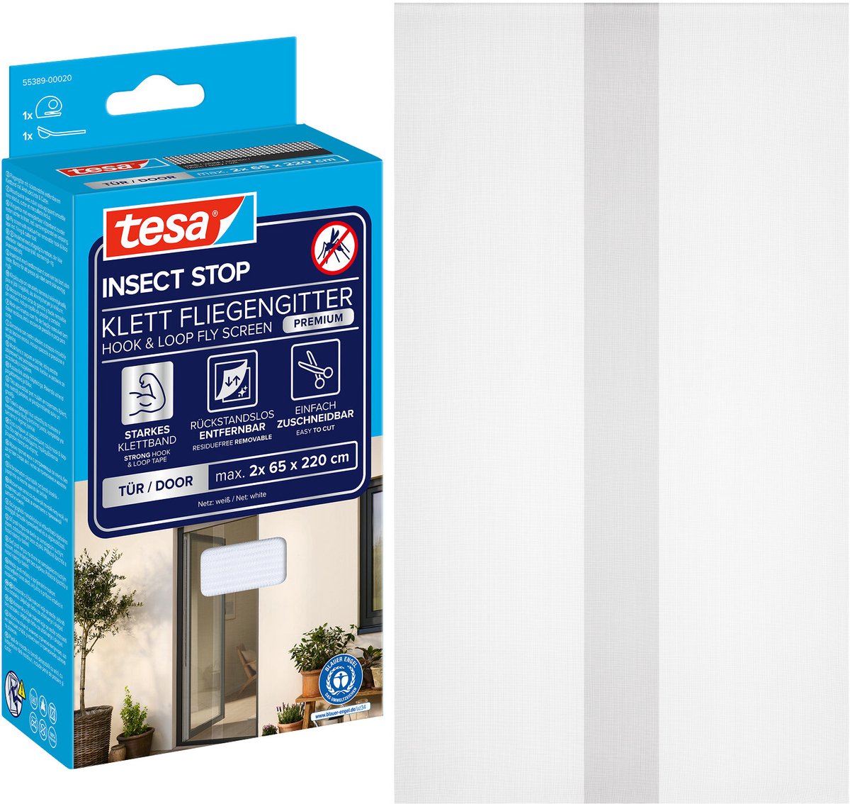 Tesa INSECT STOP H&L Fly Screen Premium for Doors - hor voor deur met klittenband, verwijderbaar, wit - 120 x 220 cm