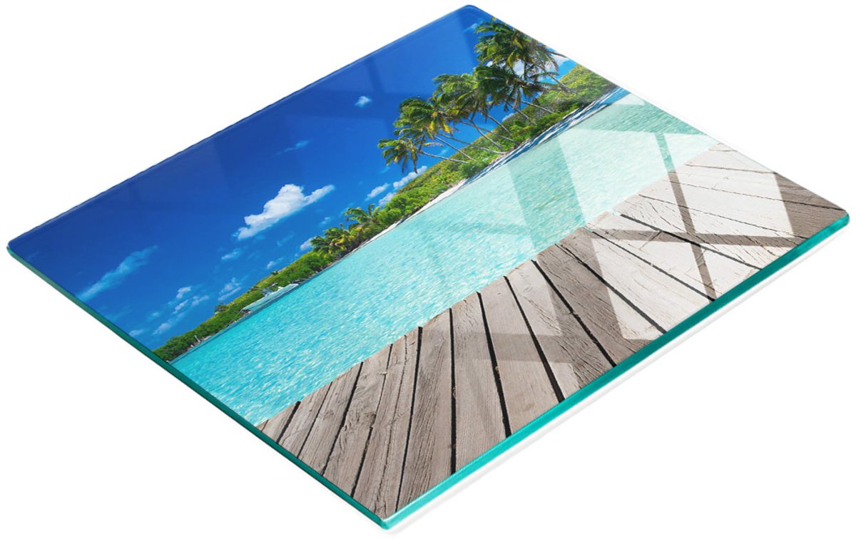 Decoratieve glazen snijplank voor in de keuken, tropisch strandmotief, 60x52 cm
