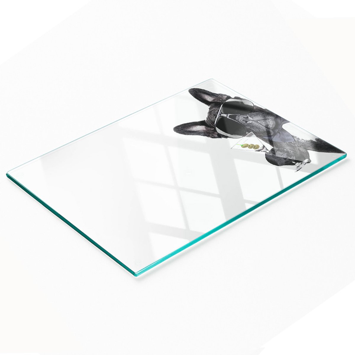 Multifunctionele decoratieve glazen snijplank voor de keuken, Martini Dog, 80x52 cm