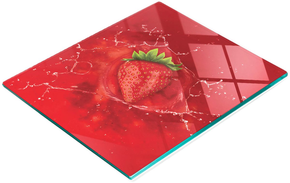 Multifunctionele decoratieve glazen keukenplank met aardbeien- en watermotief, 60x52 cm