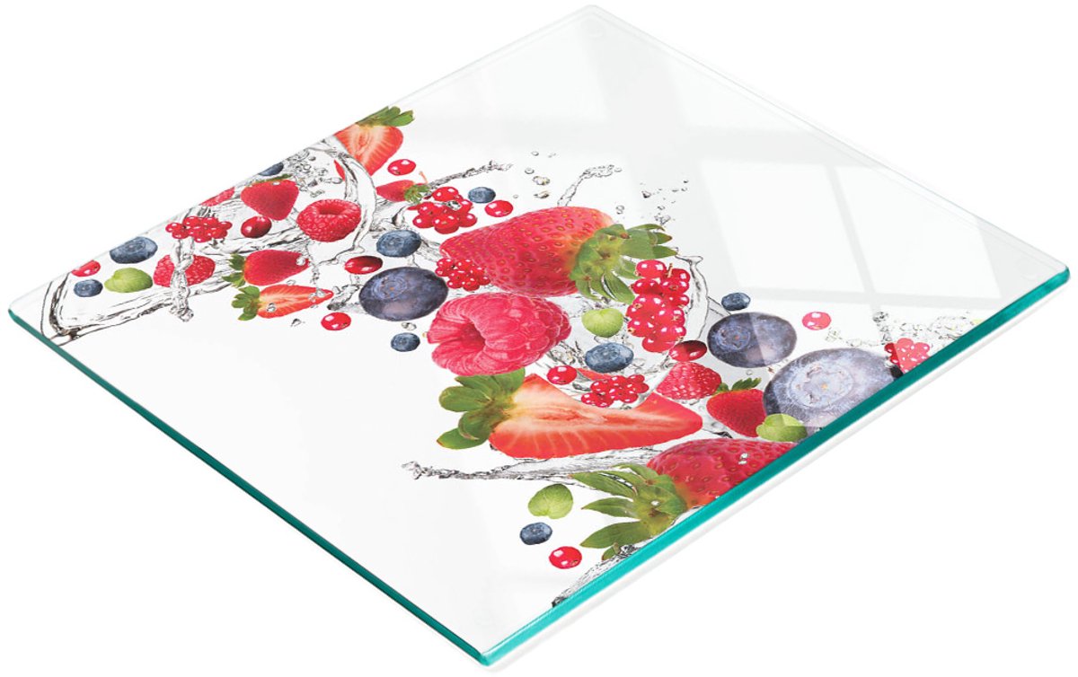 Glazen serveerplank met fruit- en bessenmotief, waterverfprint, 60x52 cm