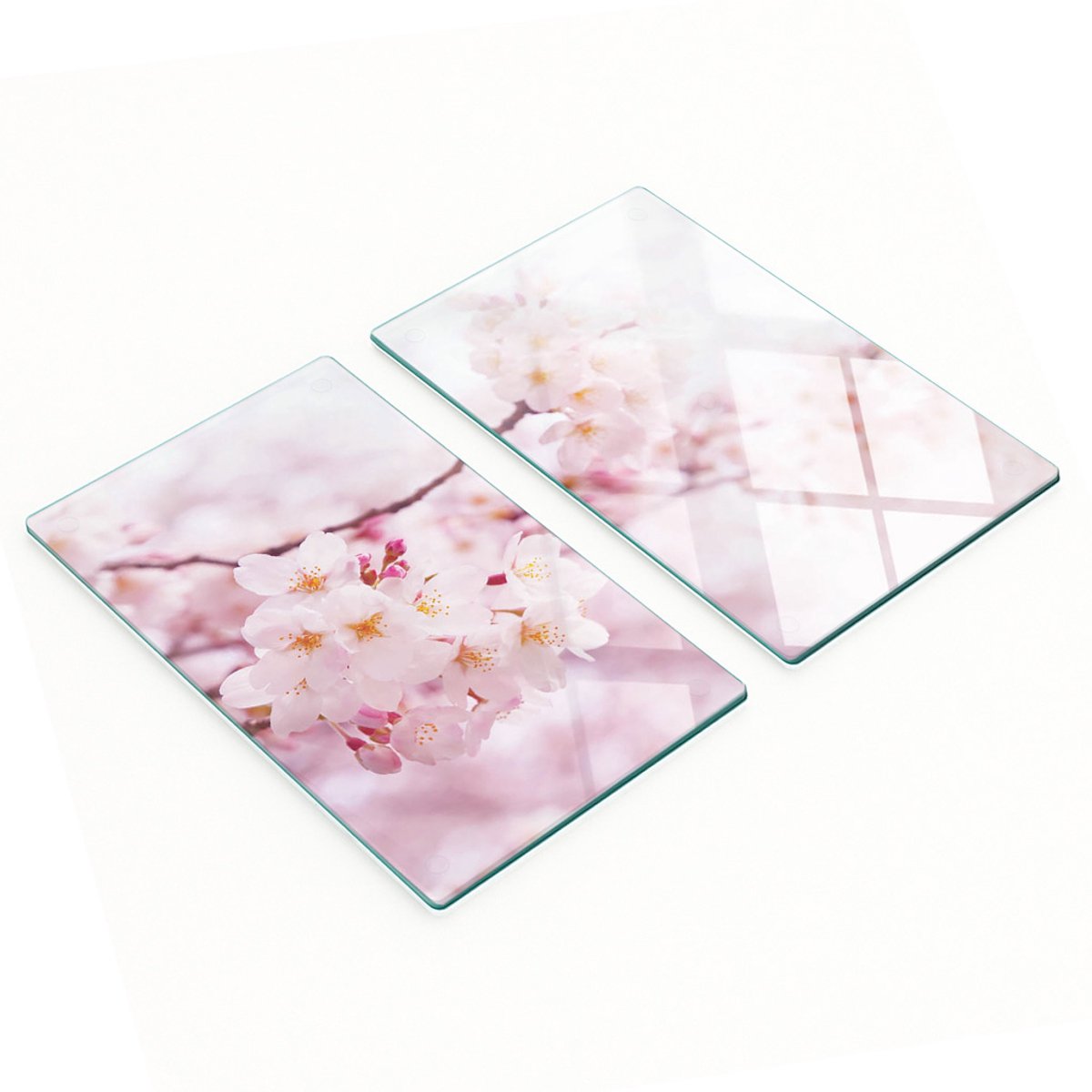 Twee decoratieve snijplanken van gehard glas met kersenbloesemmotief, 2x30x52 cm