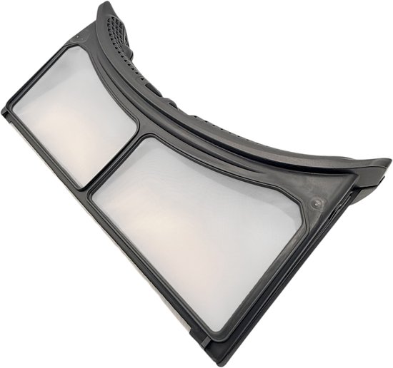 Zwart, gebogen droger pluizenfilter met twee witte gaasvakken.