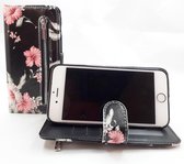 Huawei P20 Lite boekhoesje zwart met Chinese rozen Hoesje met pasjesflip en rits voor kleingeld en polsbandje