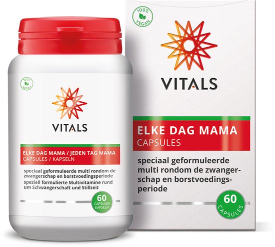Witte pot met rode dop, Vitals Elke Dag Mama multivitamine capsules, 60 stuks. Groene cirkel met 'Nieuwe formule'.