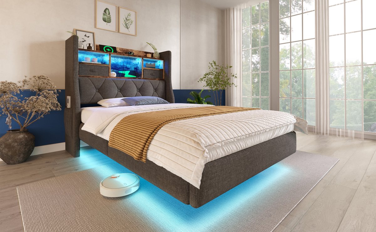 Wishdor Eenpersoonsbed 90x200 cm – LED 60.000+ Kleuren & USB‑C Snellader – Opberghoofdbord – Matras inbegrepen – Linnen Grijs