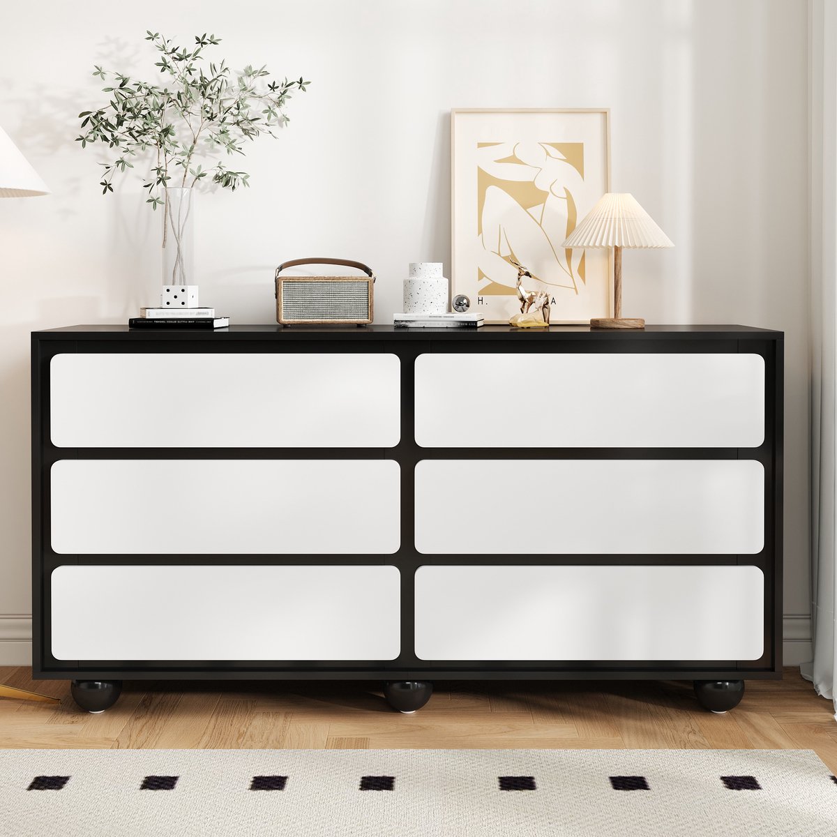 REDOM Ladekast - 6 Laden - Afgeronde Laden - Modern - Voor Woonkamer - Spaanplaat - Wit En Zwart - 140 X 38 X 74,5 Cm Wit+Zwart
