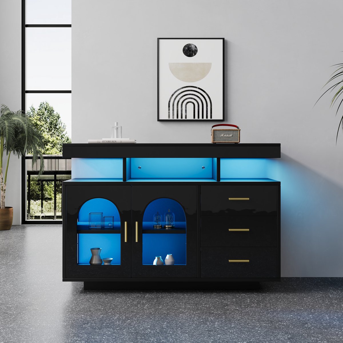 REDOM Dressoir - Met LED-Verlichting En 3 Laden - Modern - Voor Keuken Of Woonkamer - Spaanplaat En Acryl - Zwart - 120 X 40 X 80 Cm