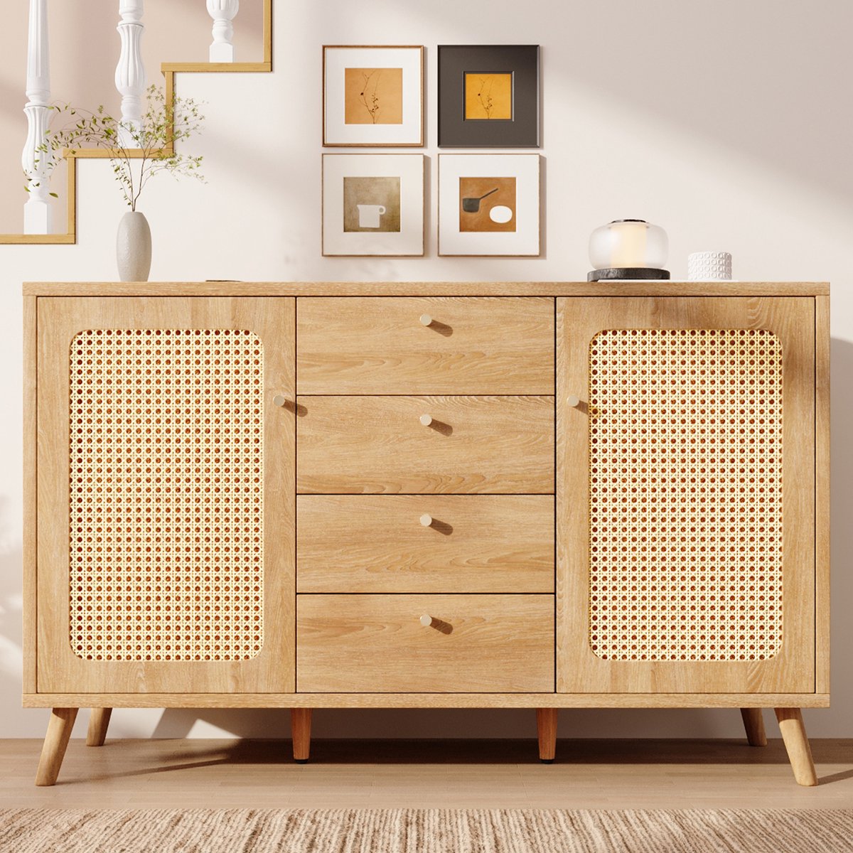 REDOM Dressoir Met 4 Laden En 2 Deuren - Verstelbare Planken - Rotanlook - Voor Woonkamer Of Hal - Hout - Licht Eiken - 140 x 40 x 86 cm Licht eikenhout
