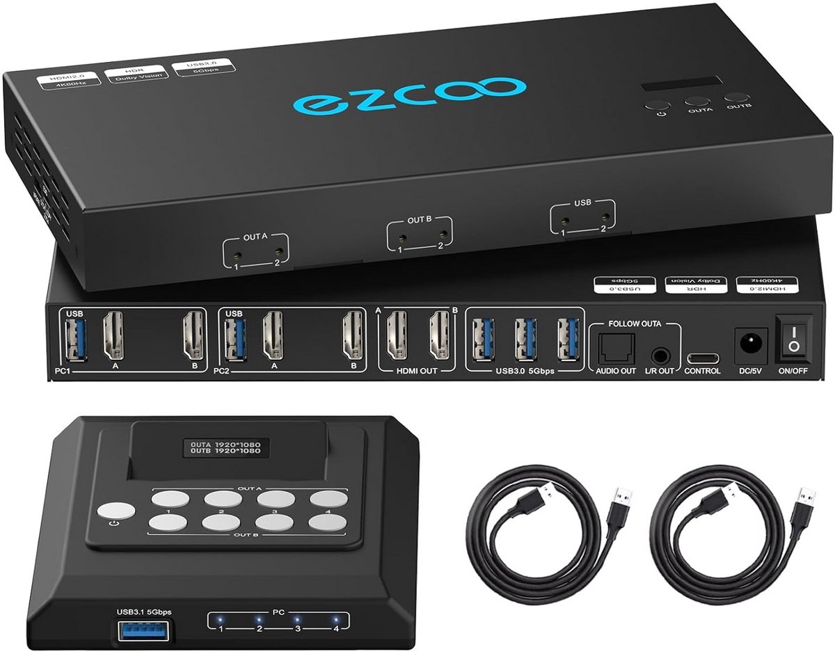 4K 60Hz HDMI KVM Switch met 2 Monitoren en 4 USB 3.0 Poorten