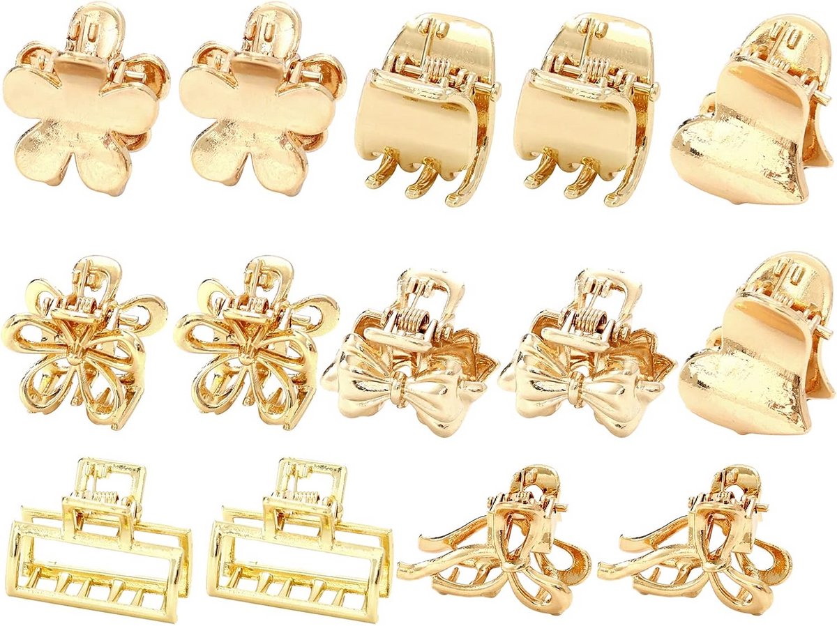 14 Stuks Kleine Metalen Haarspeldjes Klauwclips voor Fijn tot Middeldikkend Haar - Goudkleurig