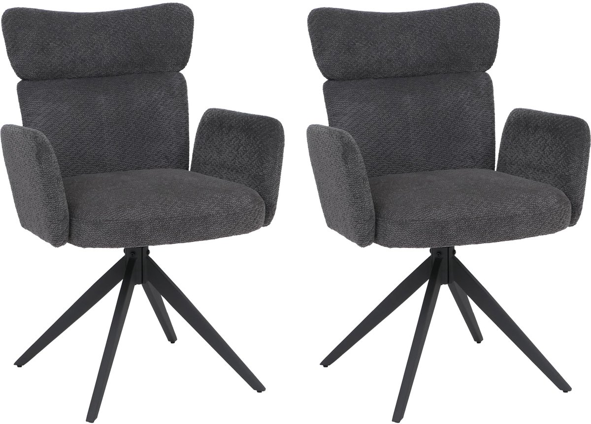 Set van 2 eetkamerstoelen MCW-N11, stoel, draaibaar, Auto-Return, bouclé-stof 350 g/m², Oeko-Tex ~ donkergrijs, poten donkergrijs