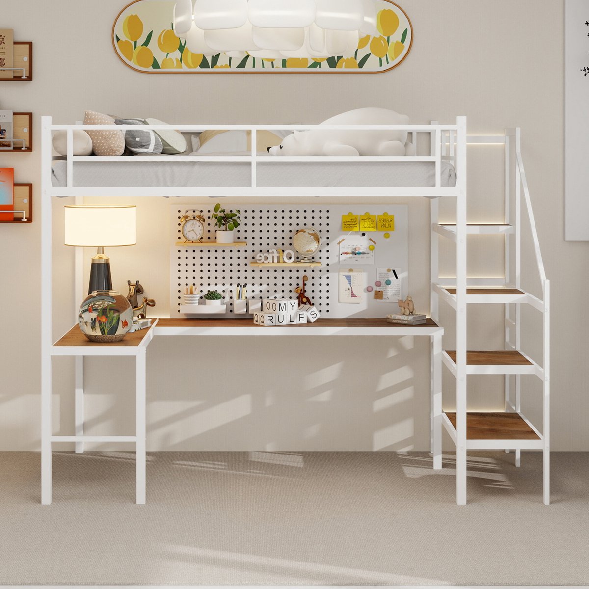 Wishdor Hoogslaper – L-Vormig Bureau & Piekbord – Opbergtrap – 360° Hek – Wit IJzer – Studieparadijs