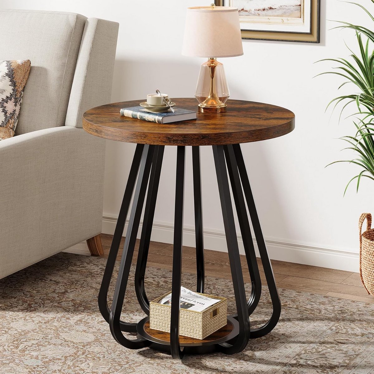Kleine Ronde Bijzettafel met 2 Niveaus en Metalen Frame
