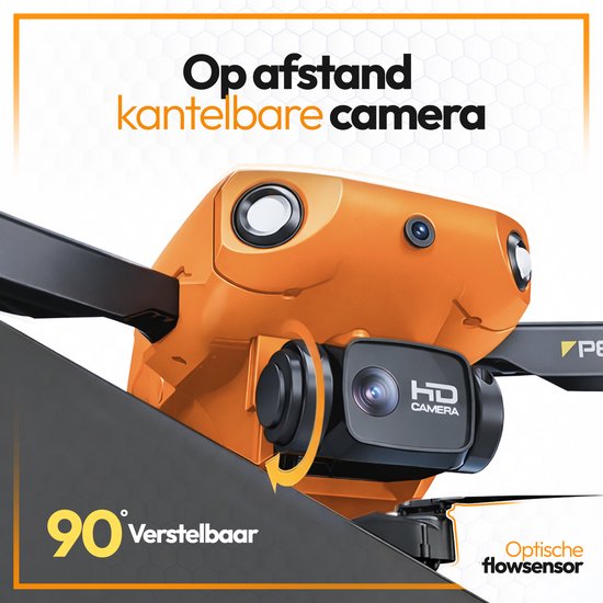 Oranje drone met kantelbare HD camera. De camera is 90 graden verstelbaar. Met optische flowsensor.