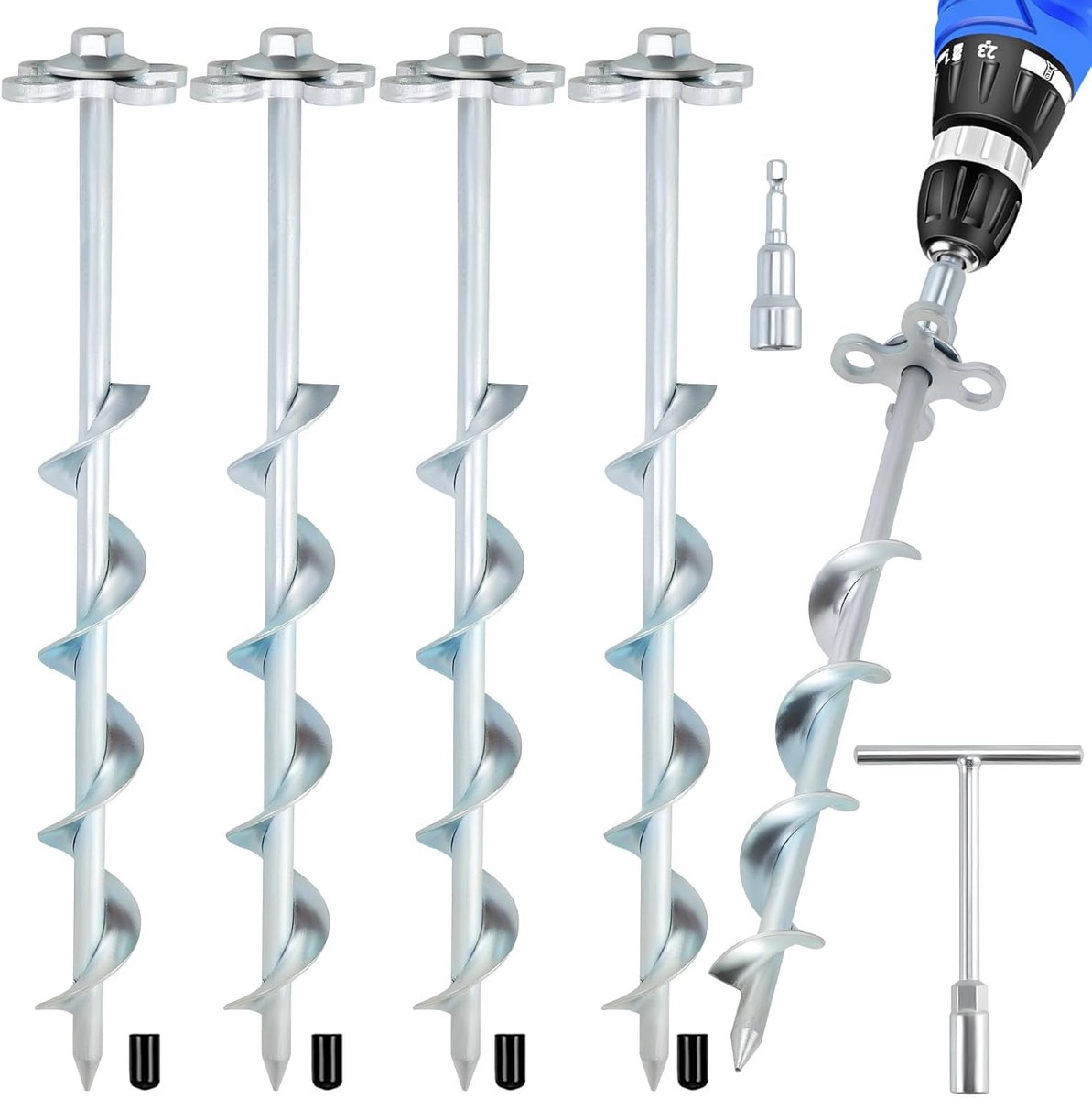 4x Zware Schroef Grondankers 30,5 cm - Insteek Haringen met Bevestigingshaak voor Tent, Trampoline en Schuur