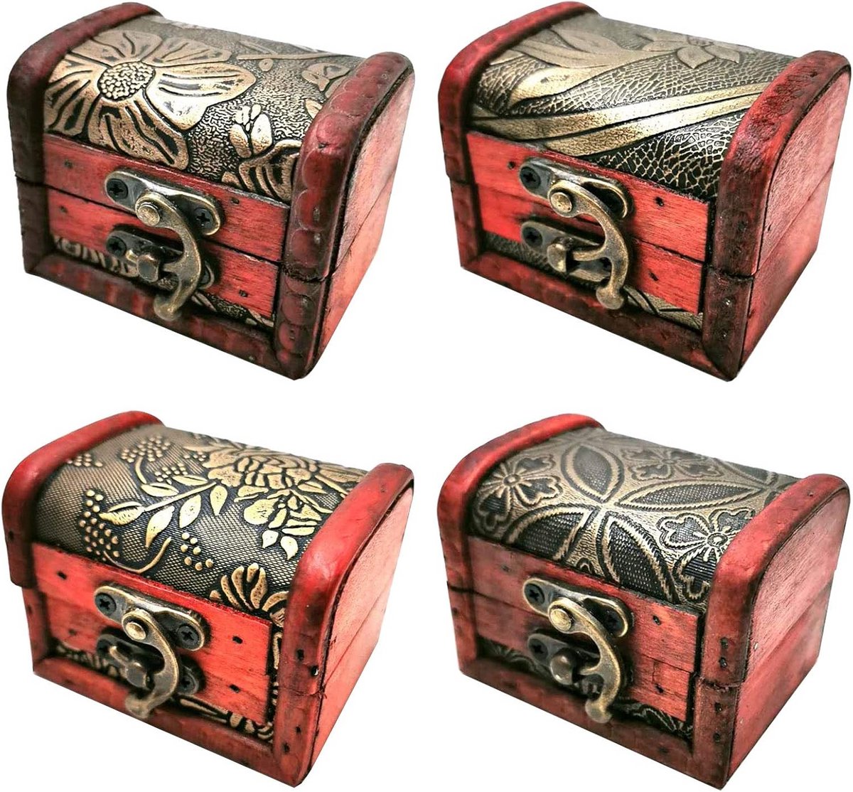 Set van 4 Houten Sieradendoosjes - Vintage Cijverzetkistjes met Slotje voor Klein Goud & Parels