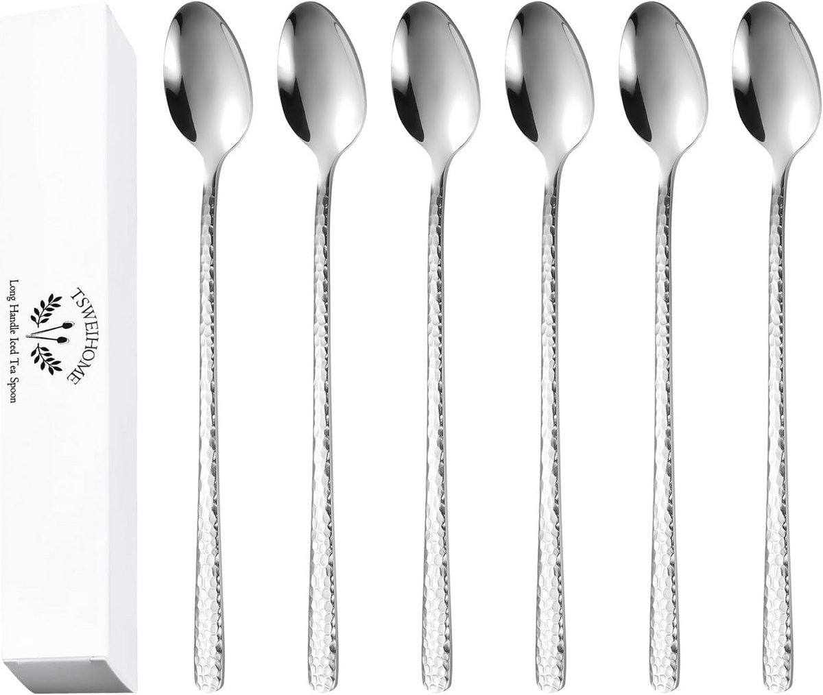 Set van 6 Lange Cocktail Lepels - Gehamerde IJsthee Lepels RVS