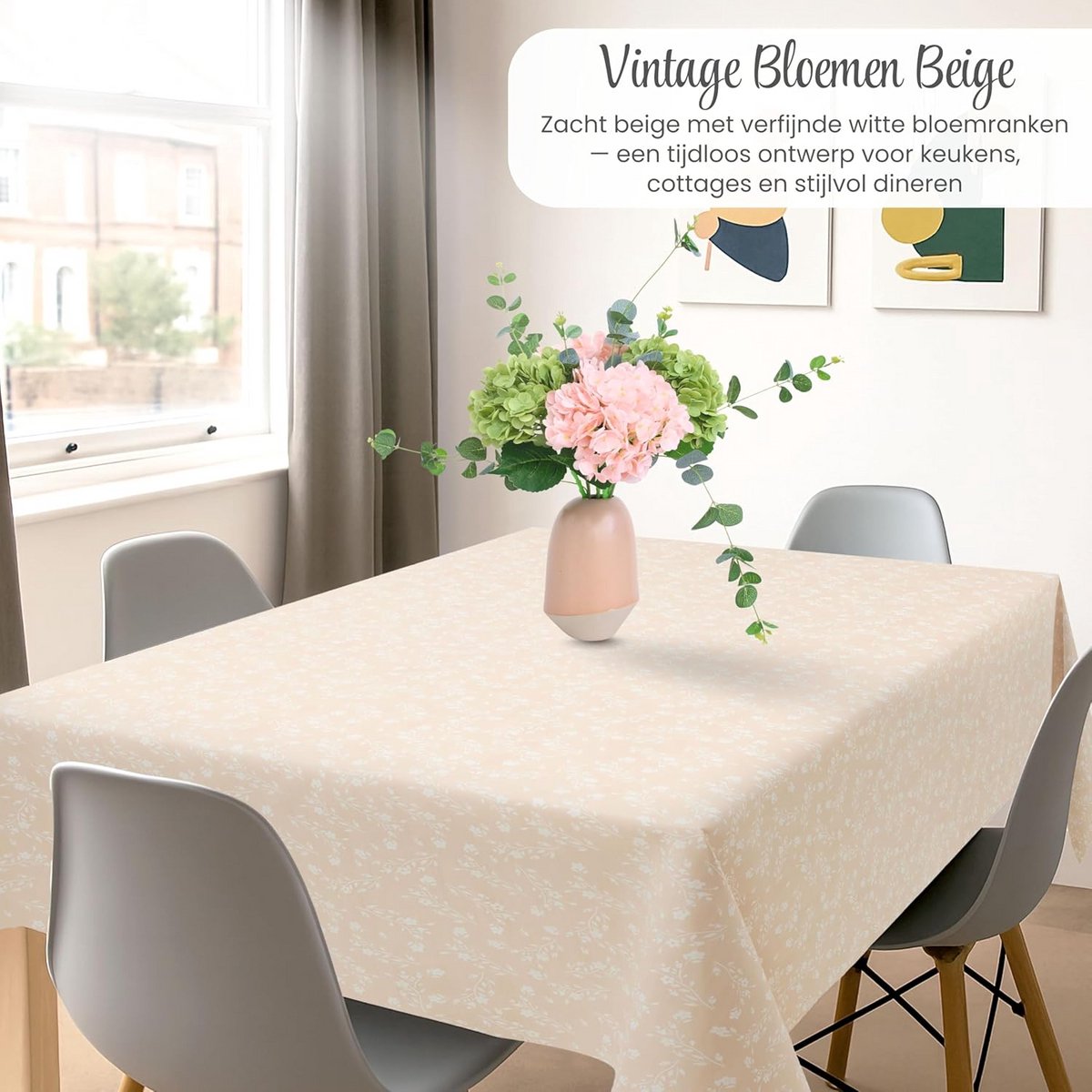 Wasbare PVC Tafelkleed Vierkant 140x140 cm Beige met Vintage Witte Bloemen